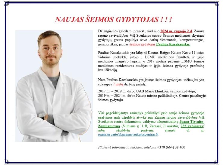 Nauji šeimos gydytojai Sveikatos centre
